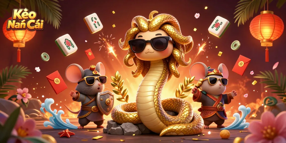Kèo Nhà Cái presents a vibrant scene featuring friendly Medusa and a valiant mouse among colorful gaming elements.