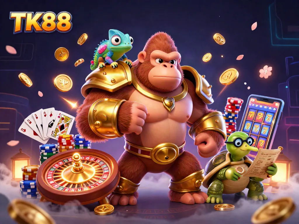 Experience the excitement of gambling at TK88: a colorful casino scene with winning elements!