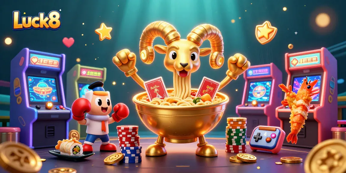 Luck8 casino experience featuring a whimsical golden ramen bowl character with gaming elements and vibrant colors.