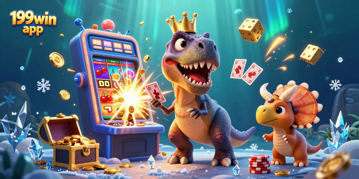 Experience winning excitement with the 199win app in this fun-filled casino scene featuring cartoon dinosaurs.