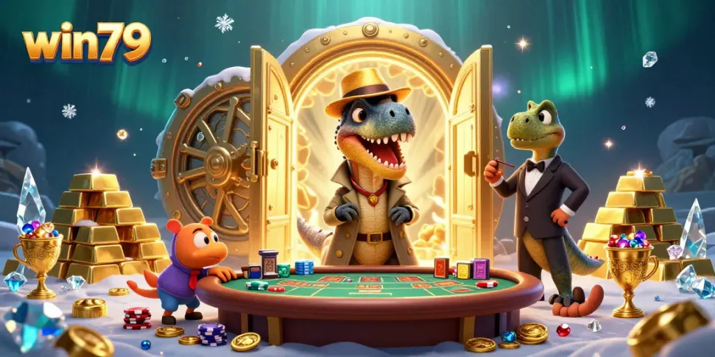 Catch exciting gameplay in win79's vibrant casino scene with animated characters and treasures.
