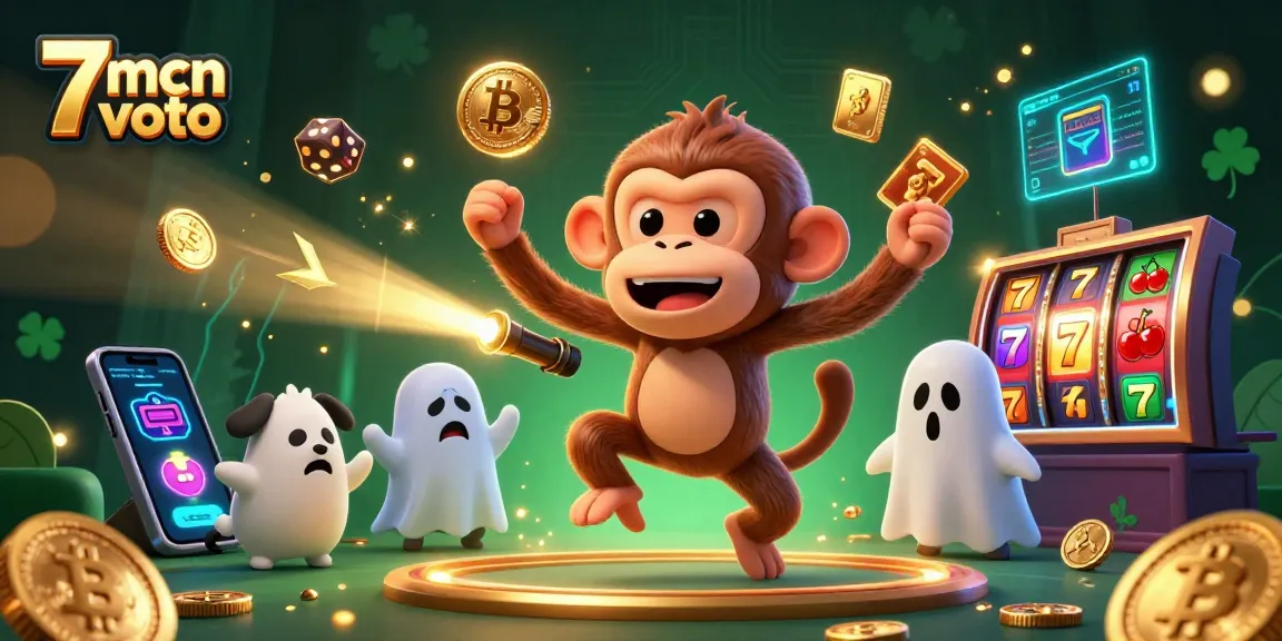 Engaging scene with 7mcn voto elements where a playful ghost-hunter puppy tracks a mischievous monkey juggling casino rewards.