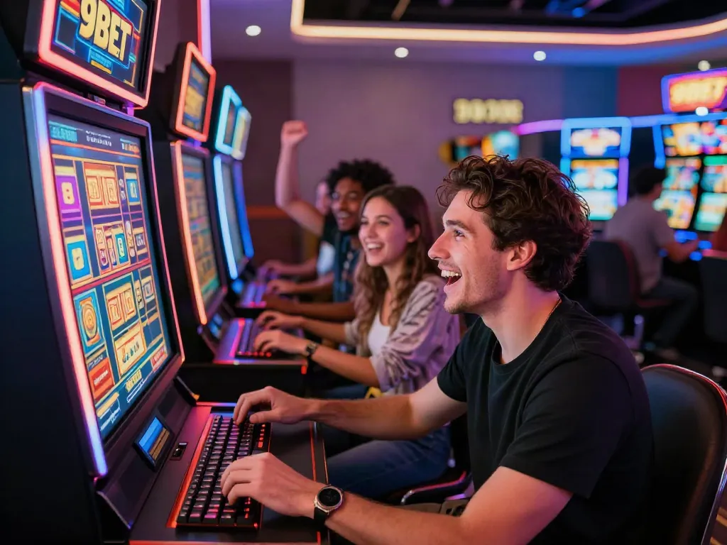 Engaged players celebrating a win at 9BET's online gaming platform, showcasing excitement in a modern casino setting.