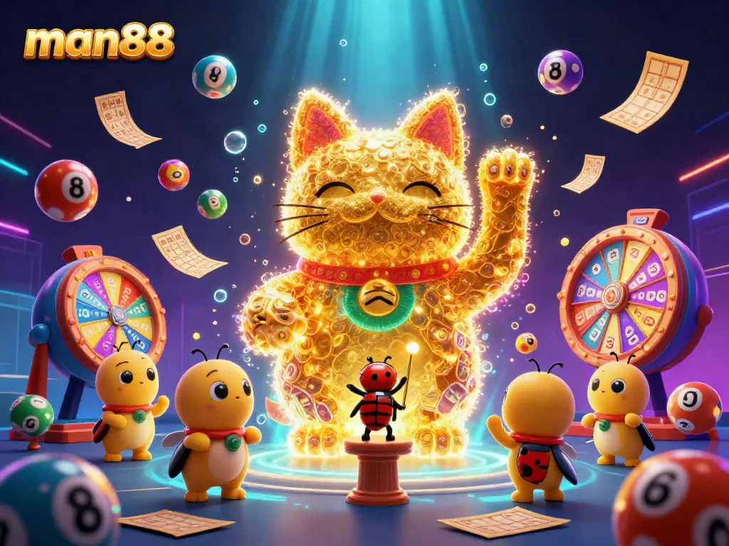 Experience thrilling games at man88 with dynamic casino elements and a vibrant lucky cat design.