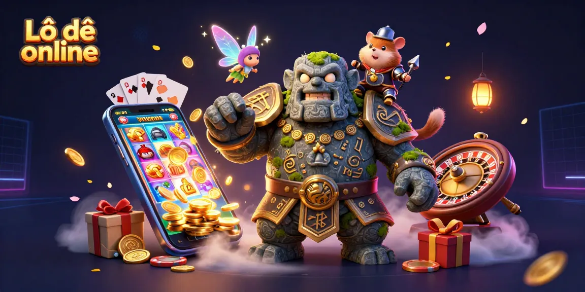 Experience the thrill of Lô đề online with a magical golem, fairy, and hamster knight in a vibrant casino scene.