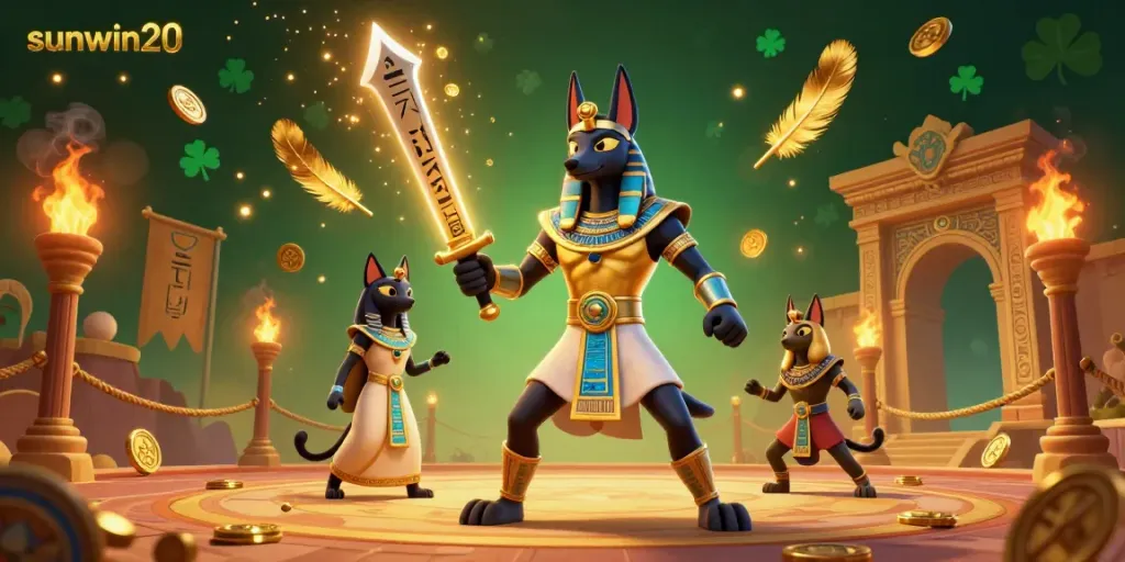 Engage in thrilling gameplay with sunwin20, featuring Anubis and Bastet amidst ancient Egyptian themes.