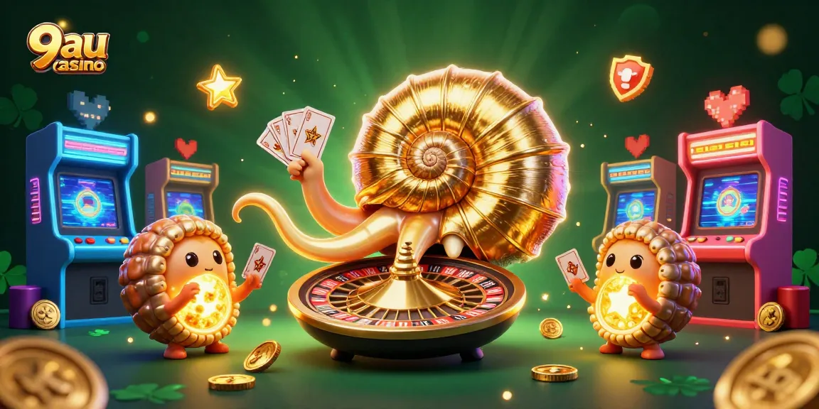 Experience the excitement of 9au casino with a lively scene featuring a giant nautilus roulette wheel.