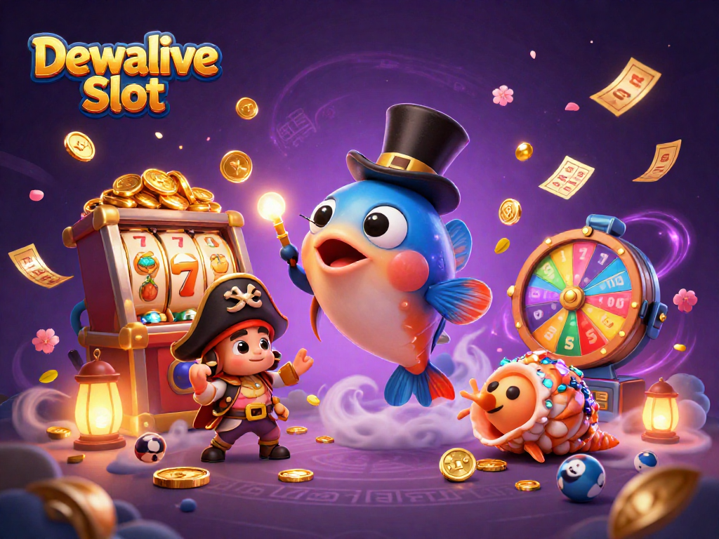 Spin the reels with Dewalive Slot's 3D anglerfish, shrimp, and sea snail in this vibrant casino illustration.