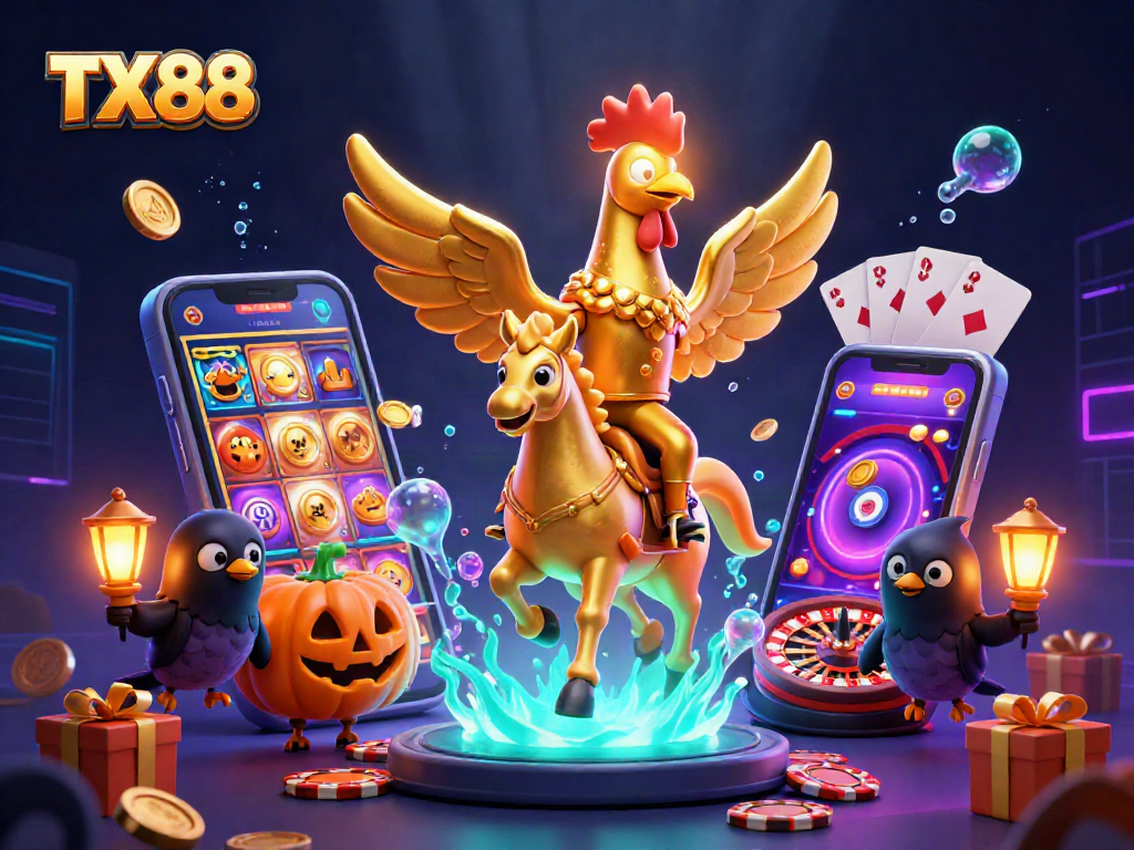 Experience the excitement of TX88 with a vibrant casino scene filled with golden coins and colorful slot games.