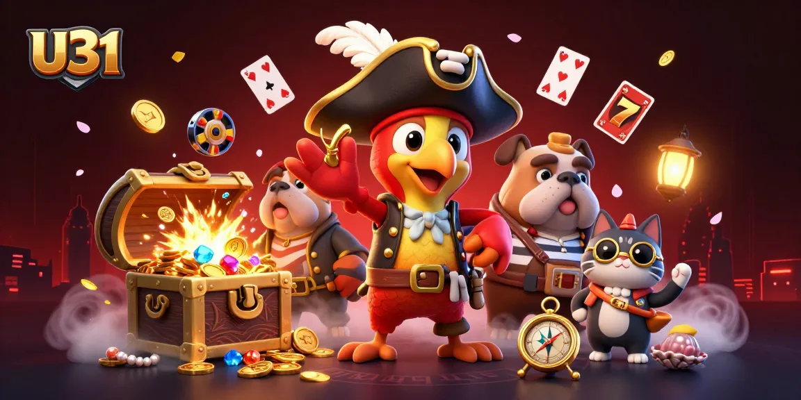 U31 showcases a vibrant scene with a pirate captain, bulldog, and cat amidst dynamic gaming elements.