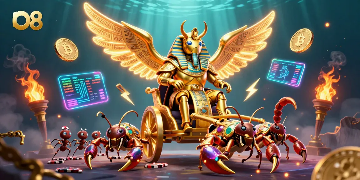 Engage in thrilling gameplay at O8, featuring a golden scarab beetle amidst crypto and poker elements.