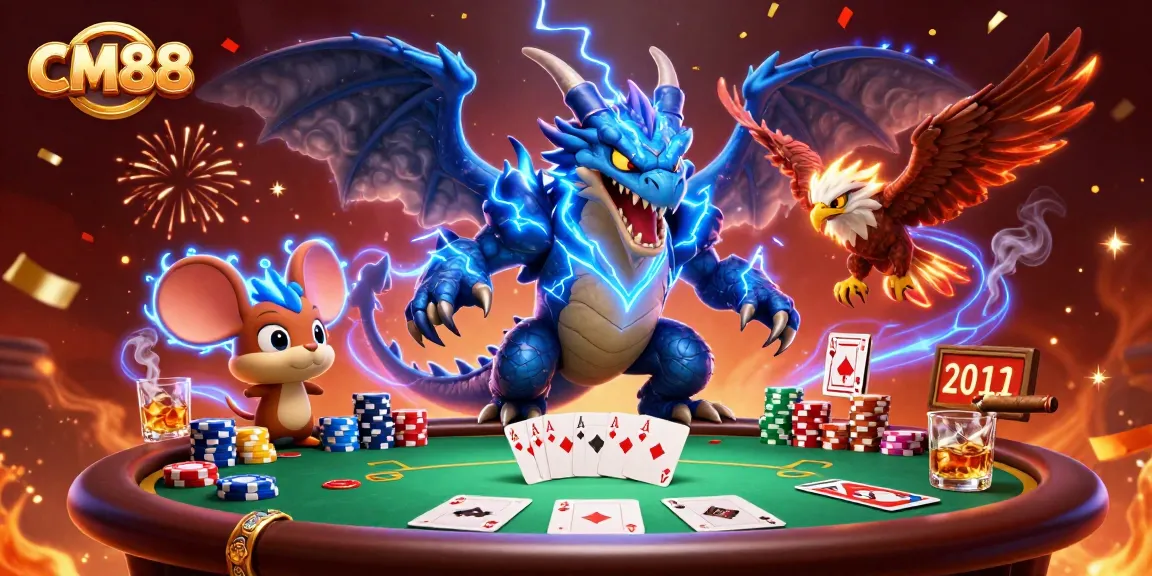 Experience excitement with CM88, featuring a thunder dragon, poker elements, and vibrant celebration.