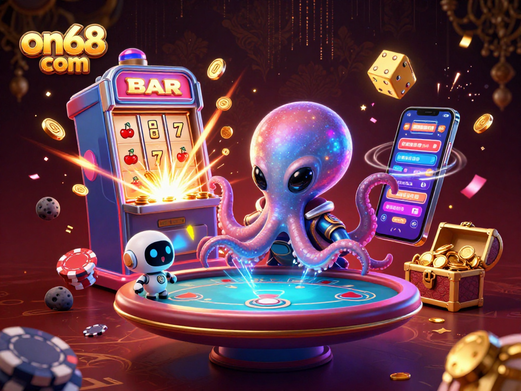 Engage thrillingly at on68 com with a dazzling cosmic casino illustration featuring an octopus and high-stakes games.