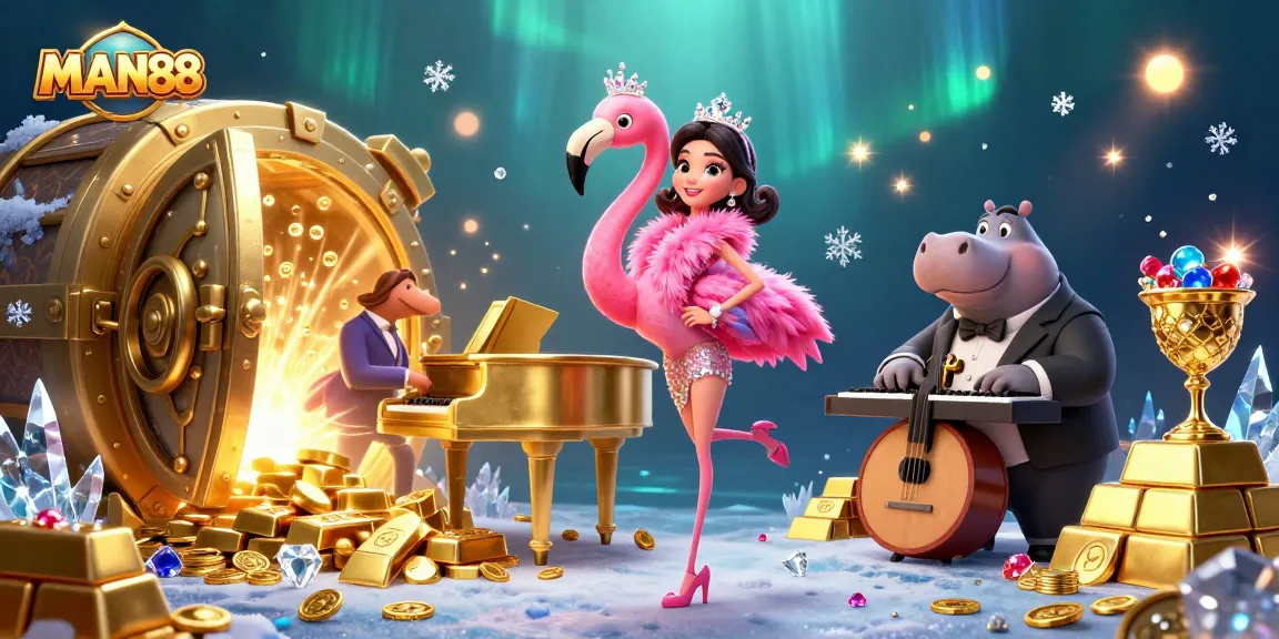 Experience the excitement of MAN88 with dynamic casino elements and characters in a vibrant 3D scene.
