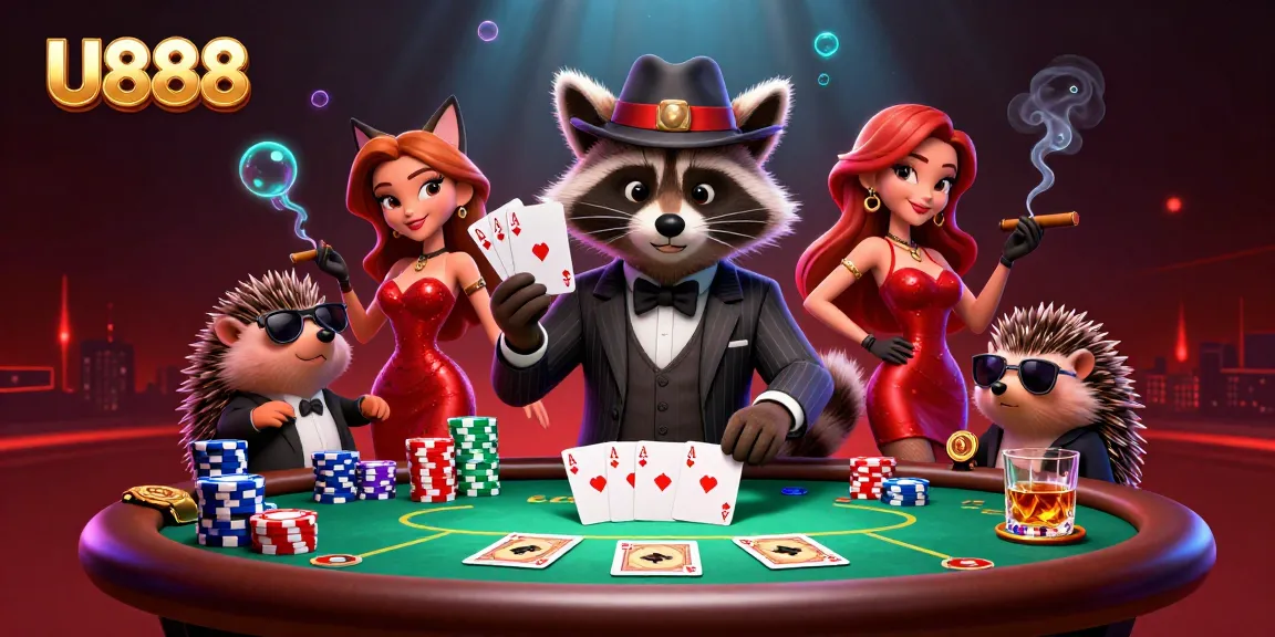 U888 players enjoying poker with a raccoon and fox in a vibrant casino illustration