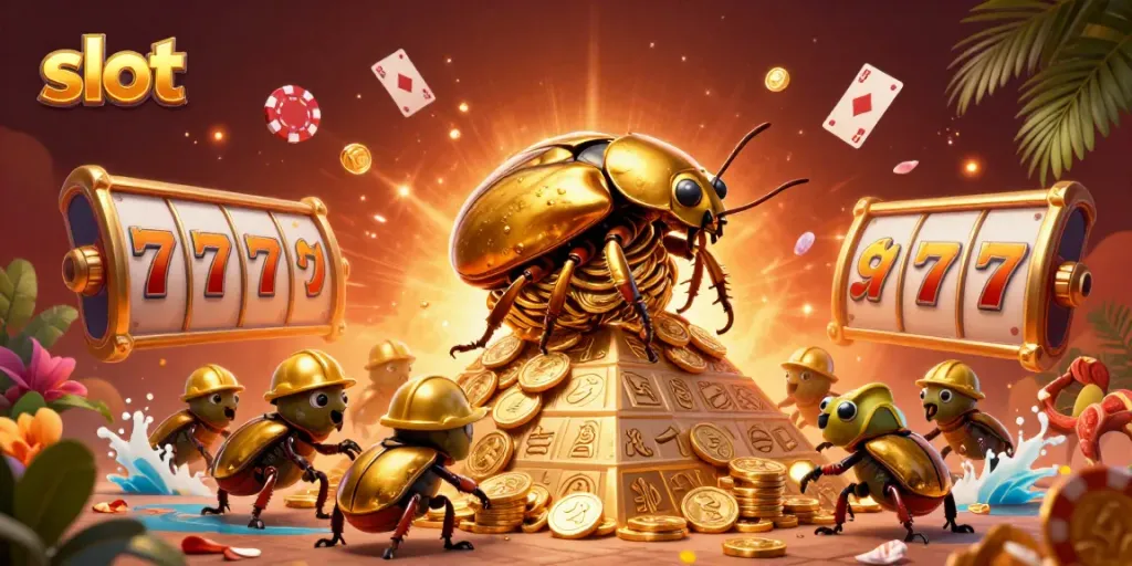 Spin the slot reels with a colorful casino scene featuring golden beetles and vibrant poker chips.