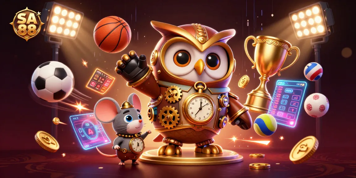 Engage with SA 88's immersive casino world featuring a time-traveling owl and dynamic sports elements.