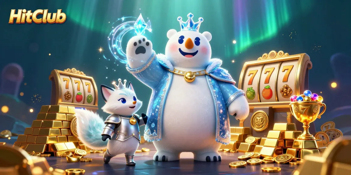 Experience the excitement of HitClub with dynamic slot game elements and animated casino characters in a vibrant scene.