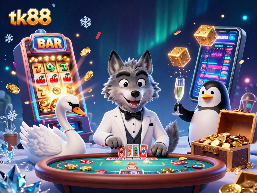 tk88 showcases a thrilling casino scene with vibrant characters and explosive slot machine action, enhancing your gaming experience.
