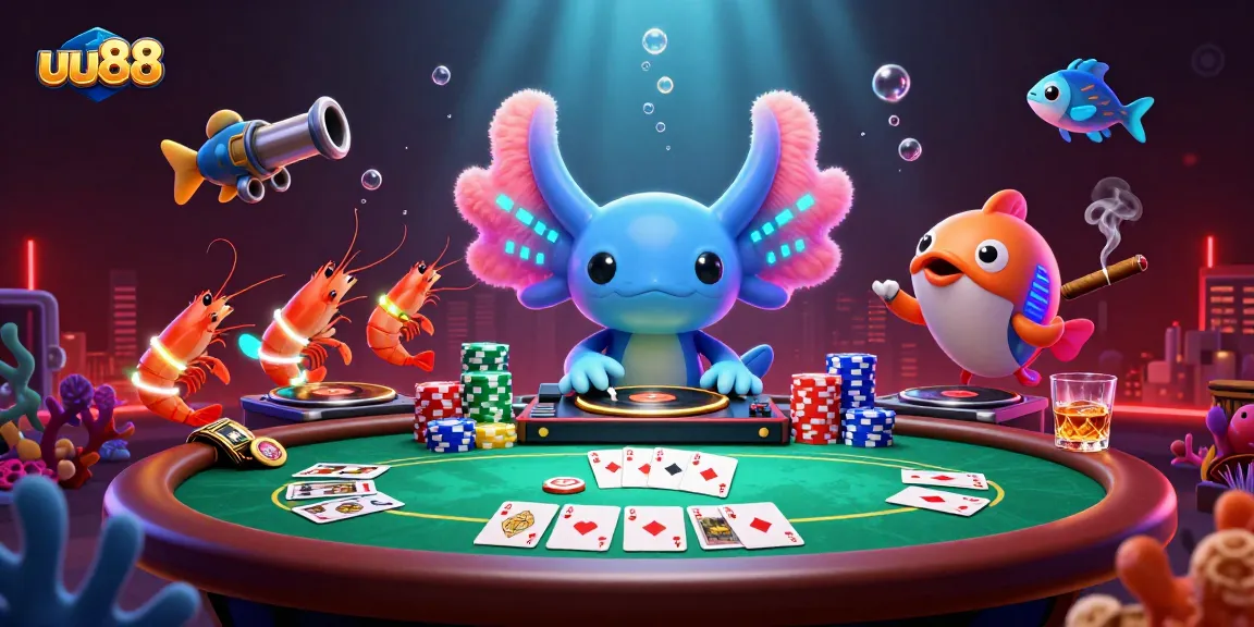 Engage in the vibrant world of uu88 with a neon axolotl DJ and lively underwater casino scene, featuring poker fun!