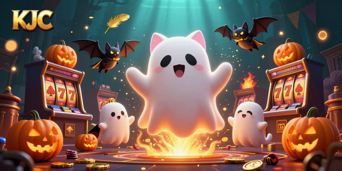 KJC's virtual gaming experience comes alive with a friendly ghost cat and a bat companion among slot machines.