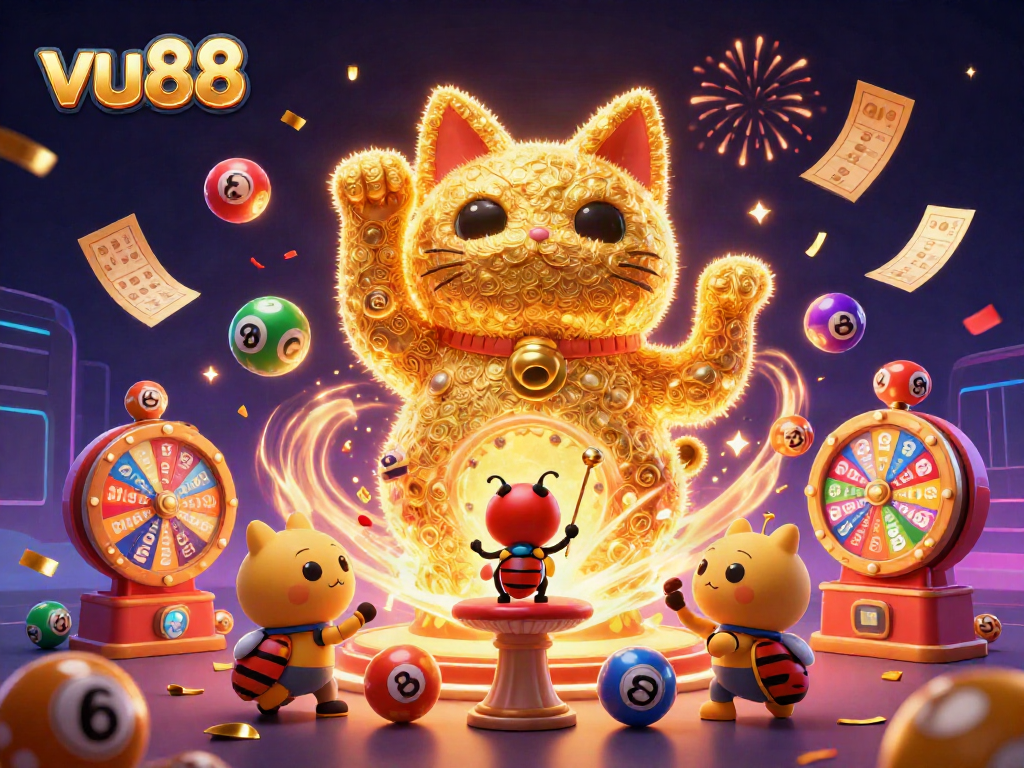 Experience the vibrant energy of vu88 with a lucky cat and dynamic casino elements.