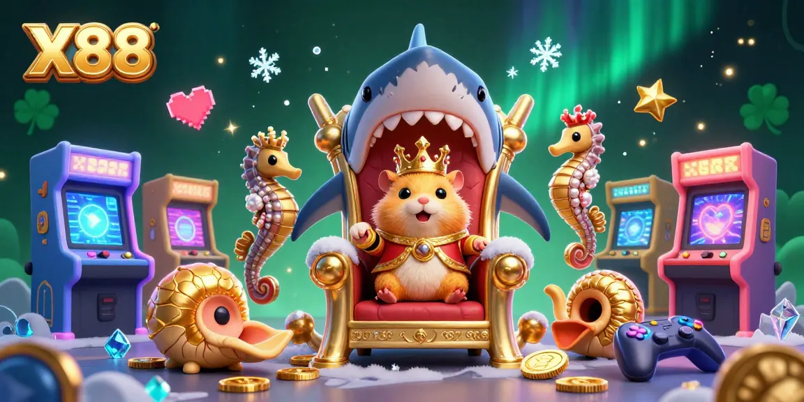 X88 presents a vibrant 3D casino scene with a golden hamster king, seahorse guards, and arcade games immersed in the casino experience.