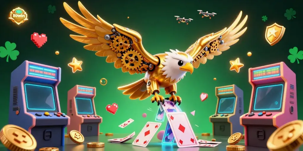 Zowin casino adventure with a cybernetic eagle diving through holographic cards and colorful game machines.