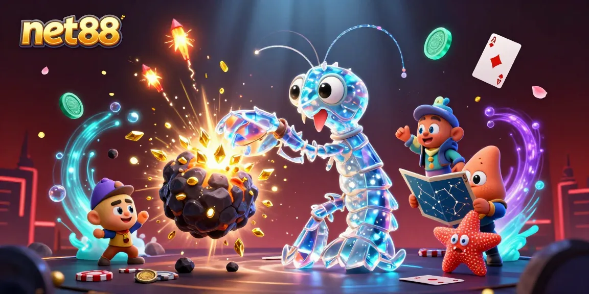 Engage with net88's dynamic gambling scene featuring vibrant poker elements and a striking samurai shrimp.