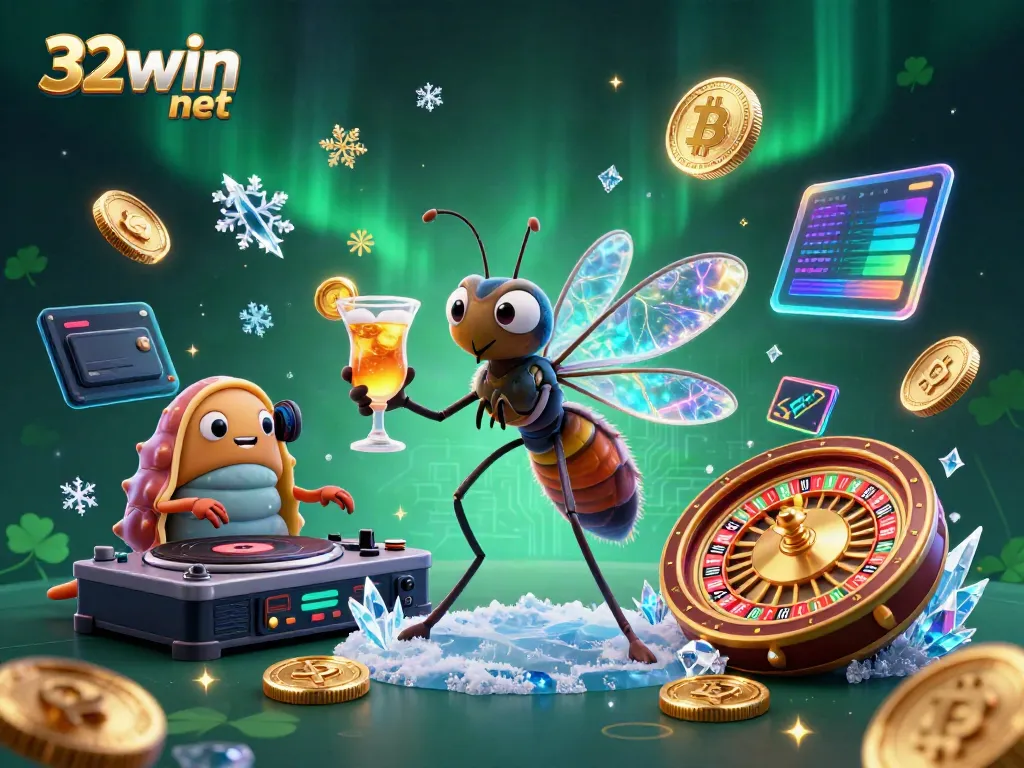 Engage with the thrilling spirit of 32win net showcasing a vibrant casino scene with dynamic characters and crypto elements.
