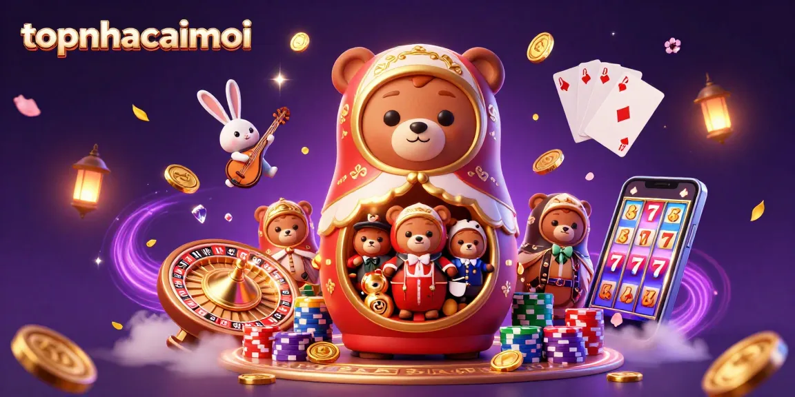 topnhacaimoi features a vibrant gambling scene with bear dealers, coins, and a roulette wheel.