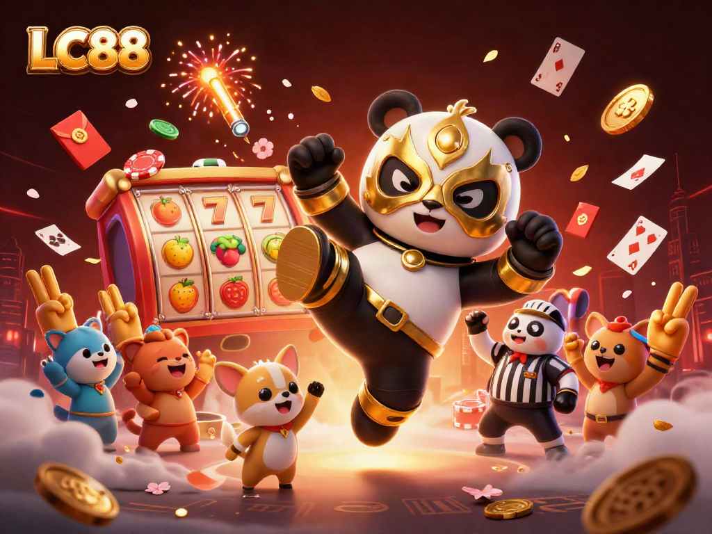 Experience the thrill of LC88 with cartoon animals celebrating a big slot win in an exciting casino atmosphere.