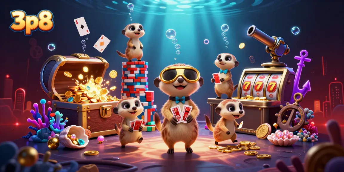 Experience the vibrant 3p8 casino scene with meerkats managing games and treasures swirling around.