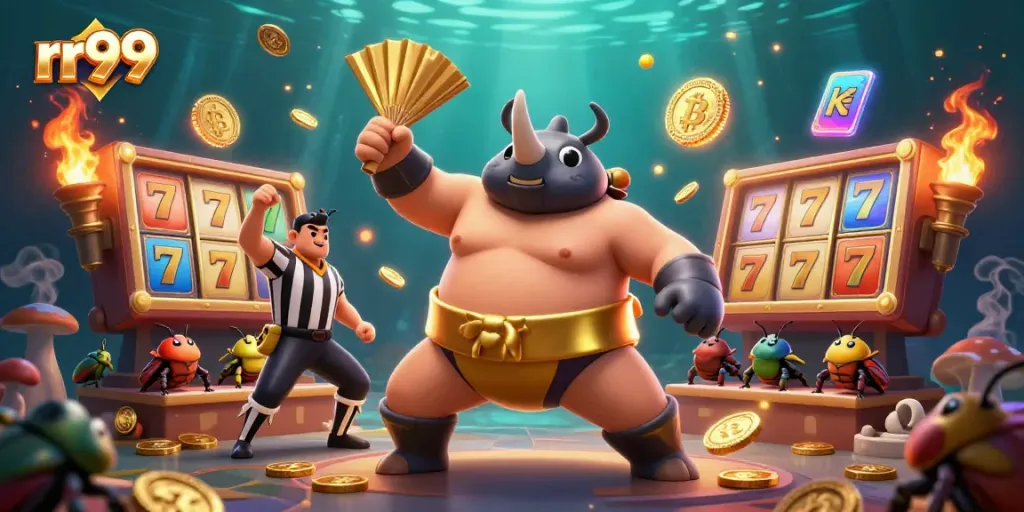 Experience the dynamic rr99 gaming world with lively beetle characters and vibrant slot elements.
