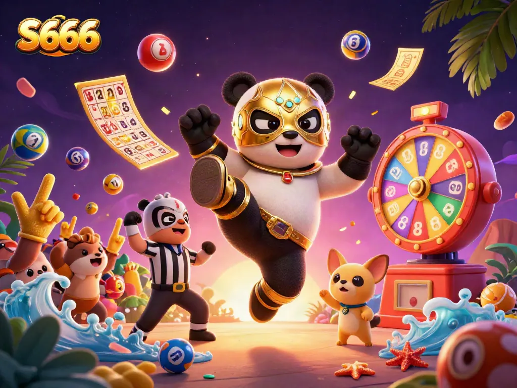 S666 lottery illustration featuring a panda doing a flying kick surrounded by colorful bouncing balls.