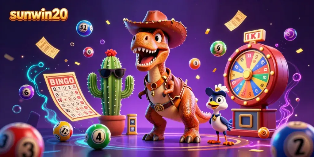 Engage in thrilling gaming with sunwin20 featuring a T-Rex cowboy surrounded by dynamic casino elements.