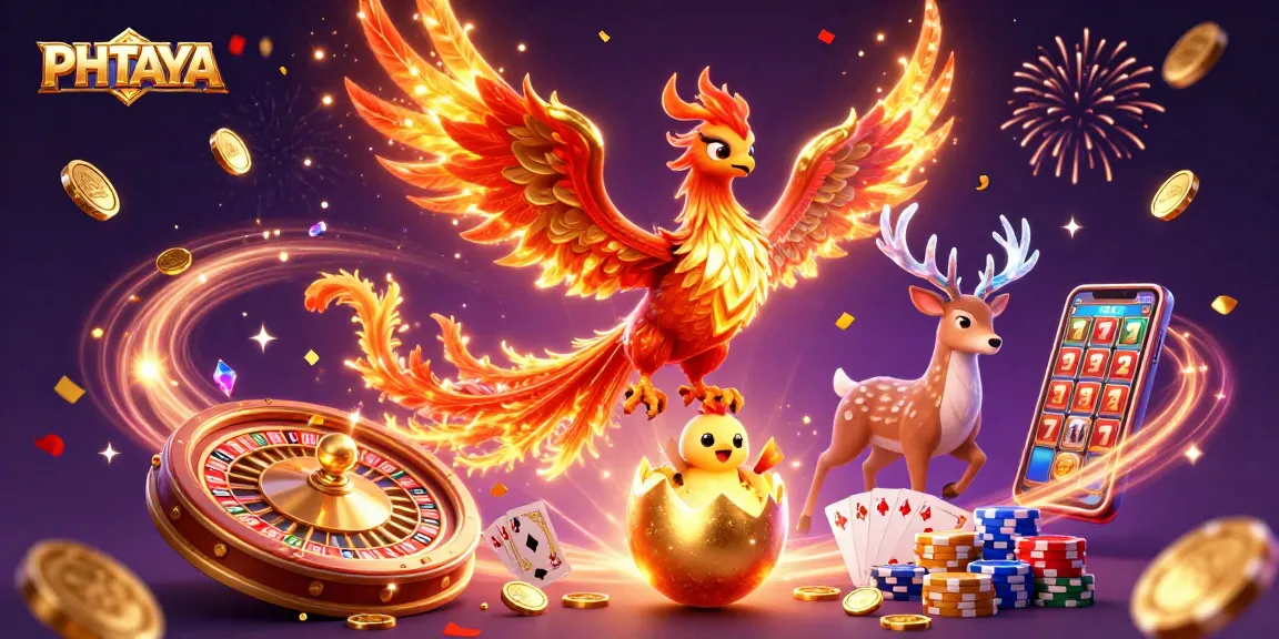 PHTAYA offers exciting promotions with vibrant gaming elements like golden coins, cards, and roulette wheels.