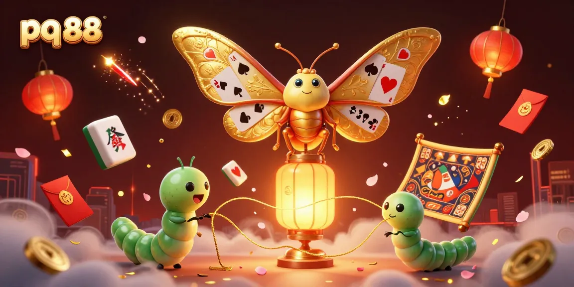 Engage with pq 88 through a vibrant casino scene featuring majestic golden moths and dynamic game elements.