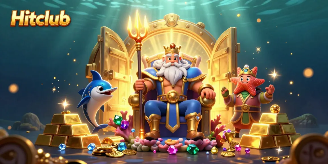 Hitclub showcases an epic sea king surrounded by treasures in a vibrant casino-themed illustration.