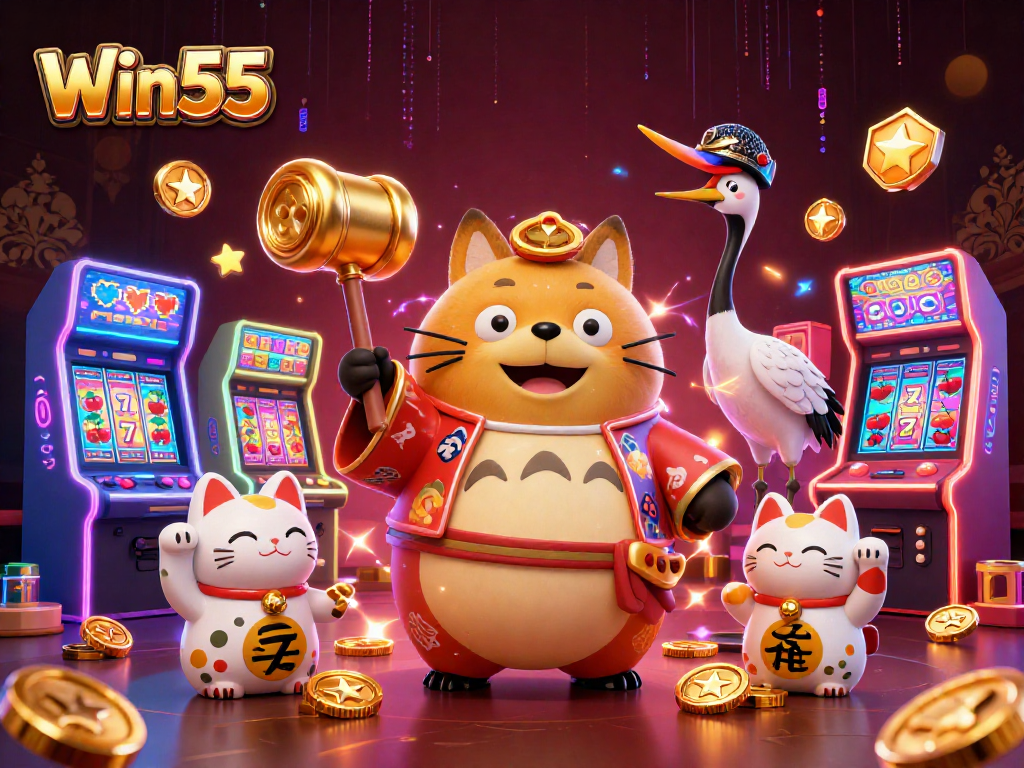 Engage with Win55's vibrant slot games featuring maneki-neko and exciting arcade elements.