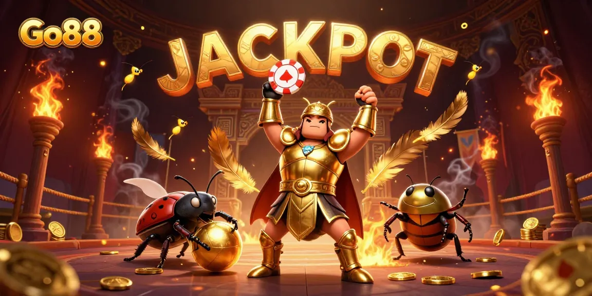 Go88 gaming illustration featuring animated beetles celebrating a jackpot with casino elements.