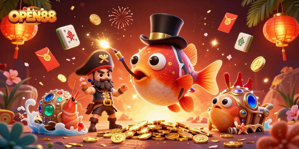 Open88 highlights a vibrant casino experience with an anglerfish attracting golden coins amid colorful gaming elements.