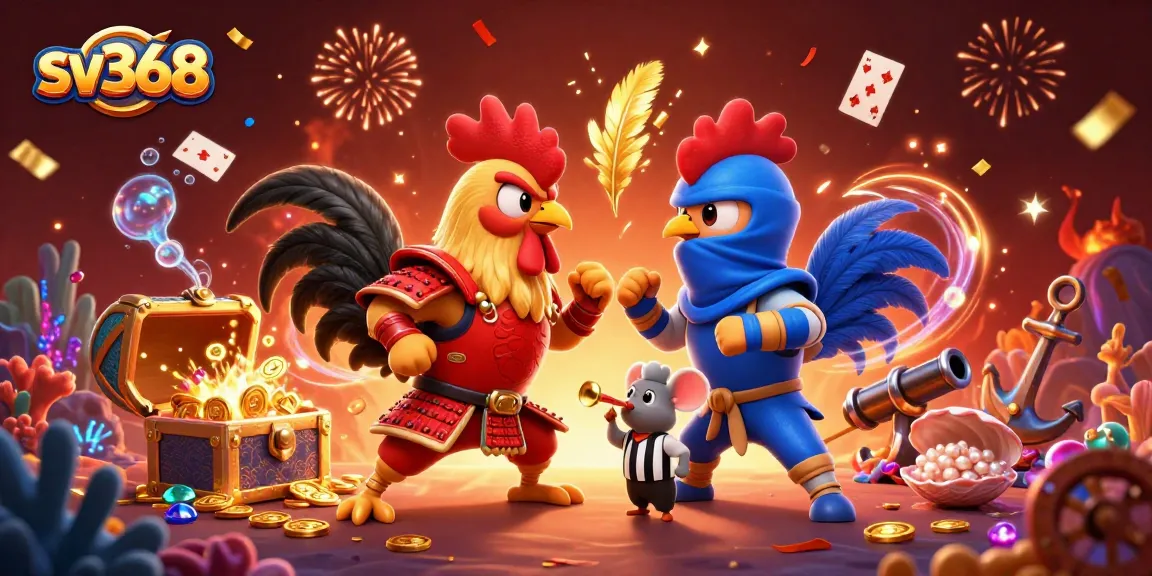 Experience high-octane cockfighting with sv368's detailed illustration of roosters in battle amidst vibrant casino elements.
