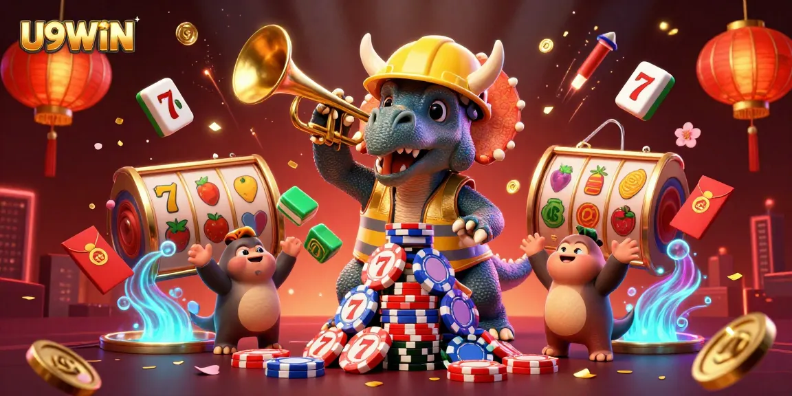 Join the fun with U9WIN as a triceratops builds poker chip pyramids in a vibrant casino scene!