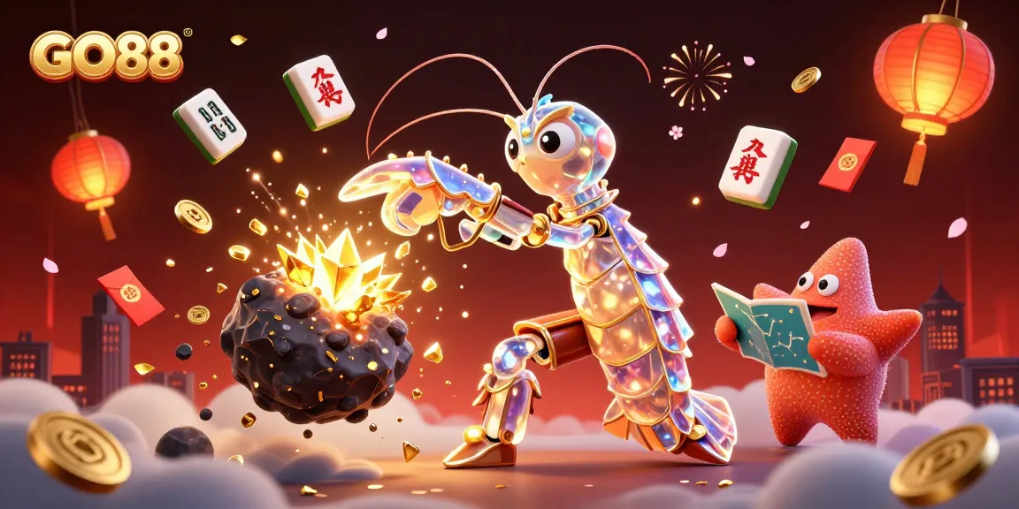 GO88 brings the thrill of casino gaming alive with a dynamic scene featuring characters battling through golden gems.