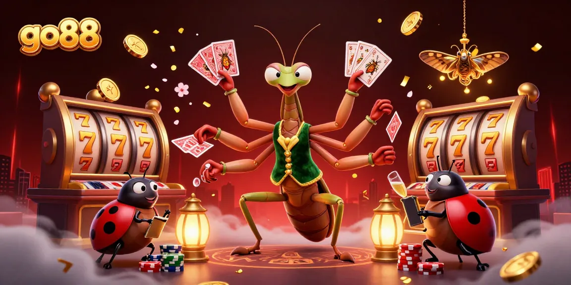 Experience go88 casino action with a vibrant 3D scene featuring a mantis card sharp and a ladybug pit boss.