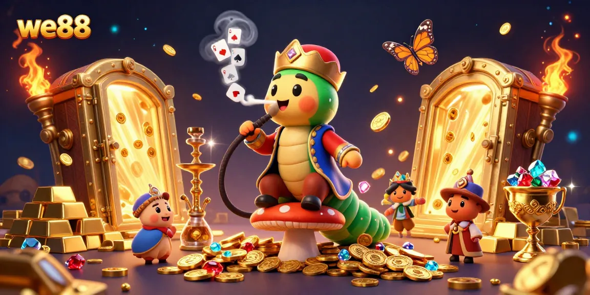Engage with the vibrant WE88 casino illustration featuring a flamboyant caterpillar character and poker symbols.
