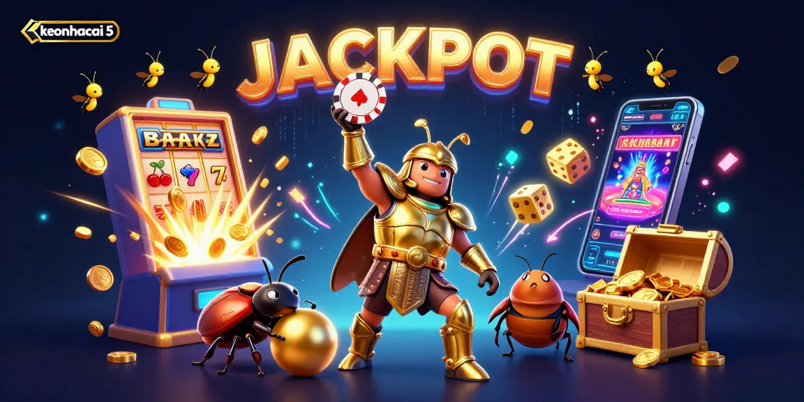 Experience keonhacai 5 with a vibrant 3D beetle scene celebrating big wins in online gambling.