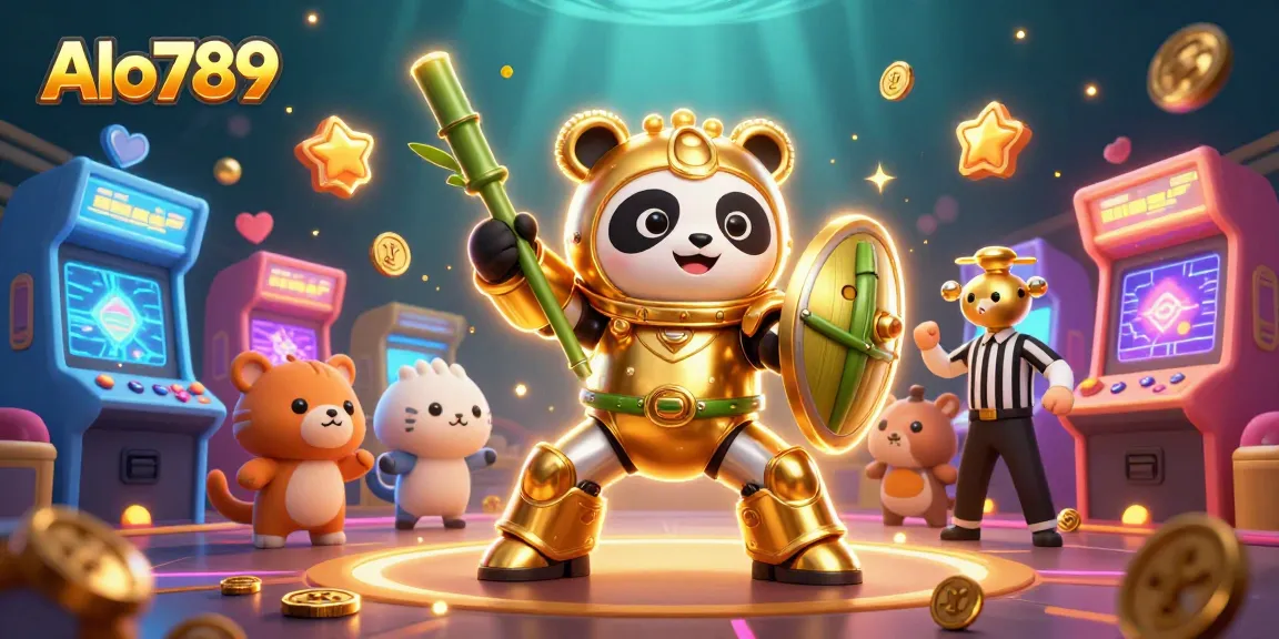 Alo789 showcases exhilarating gameplay with a dynamic 3D panda robot in a lively betting arena.
