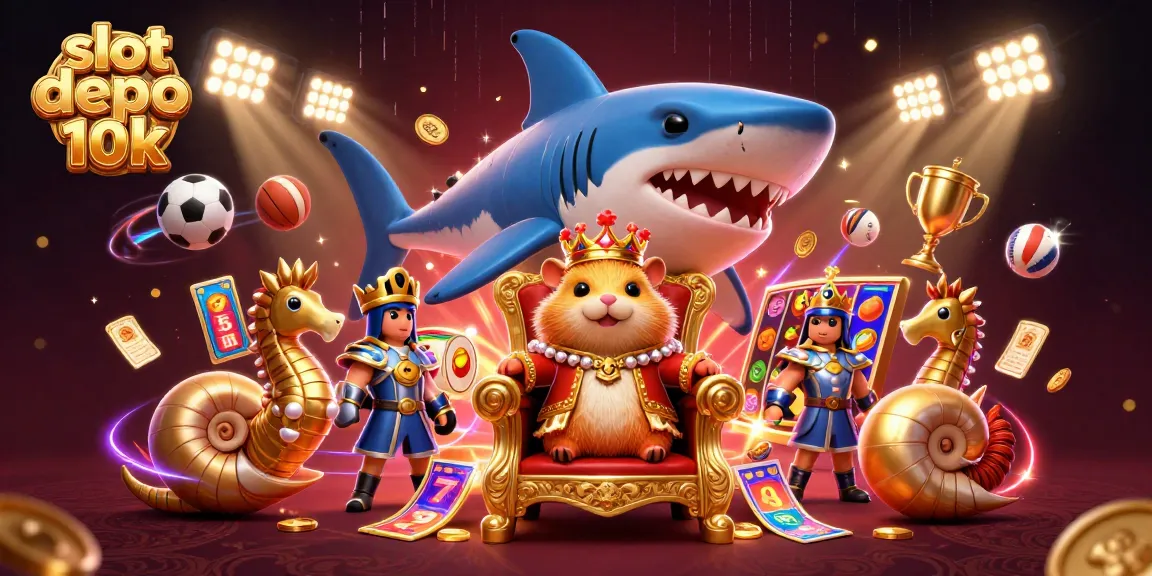 Play slot depo 10k with excitement in this vibrant, action-packed casino scene.